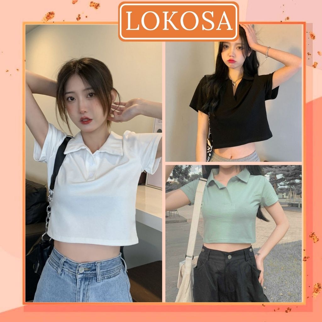 Áo croptop nữ tay ngắn có cổ kiểu polo crt sơ mi thun đẹp, Áo phông crop top nữ nhiều màu trắng đen AO018