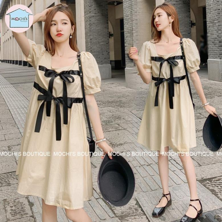 Váy đầm nữ dáng suông rộng, mẫu váy babydoll cổ vuông tay bồng điểm nhấn nơ điệu đà, nữ tính che khuyết điểm - M061 ❣️