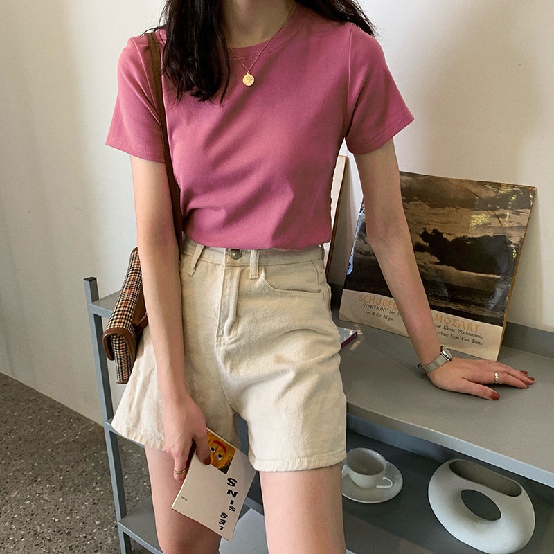 Áo thun SUXI tay ngắn cổ tròn màu trơn thiết kế thời trang mùa hè cho nữ