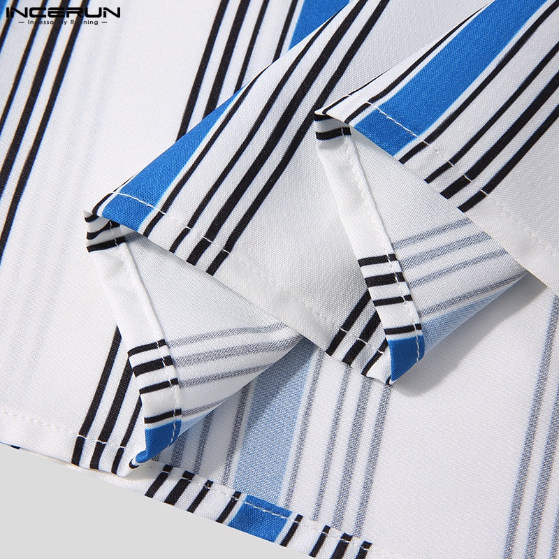 Áo sơ mi INCERUN tay dài dáng ngắn họa tiết kẻ sọc thời trang màu hè cho nam