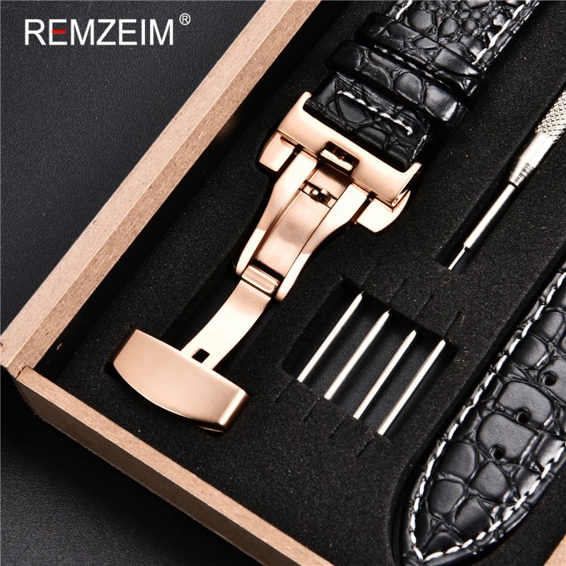 Dây đeo đồng hồ bằng da khóa bướm có hộp gỗ đẩy đôi chính hãng 18mm 20mm 22mm 24mm