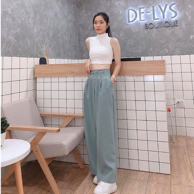 Quần ống rộng nữ lưng cao Delys quần suông nữ cạp cao màu xanh ngọc