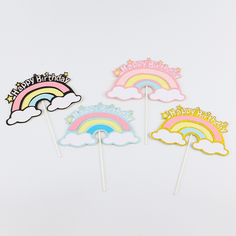 Phụ kiện cắm trang trí bánh kem hình cầu vồng và đám mây với chữ Happy Birthday xinh xắn