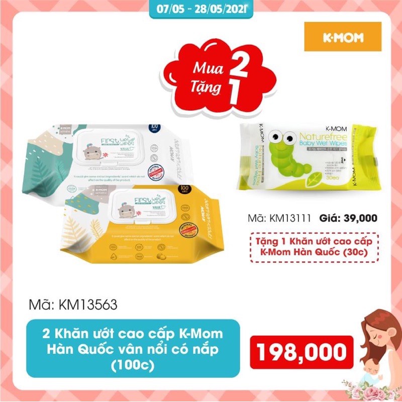 Khăn ướt vân nổi cao cấp K-Mom có nắp