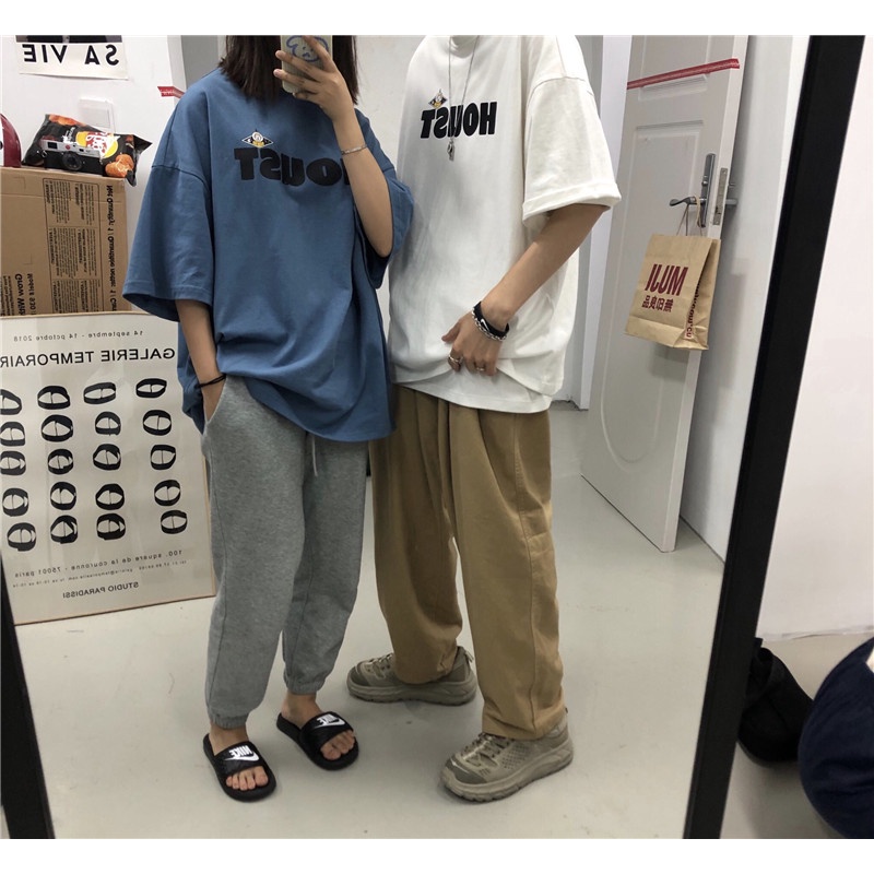 Áo thun tay ngắn cổ tròn dáng rộng in chữ thời trang Hàn Quốc cho nam nữ
