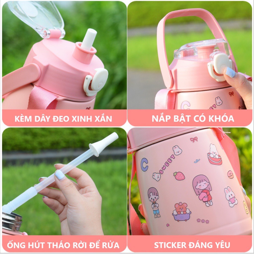 [ Có dây đeo, ống hút, sticker] Bình nước giữ nhiệt cute có sticker và ống hút - Bình giữ nhiệt 80ml cho bé inox 304 xịn