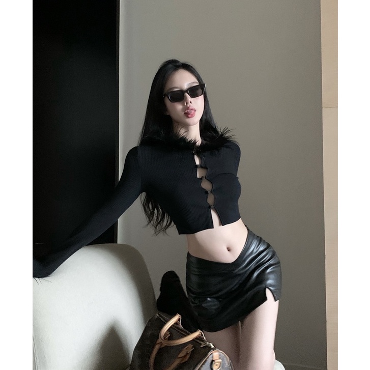 Áo Thun Tay Dài Phối Lông Ngắn Khoét Lỗ Ôm Dáng Thiết Kế Khoét Rỗng Bằng Da