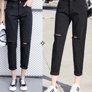 Quần Baggy Jean Đen Rách Gối - Lưng Cao - Form Thường/Size 30-35 - Không Co Giãn - Baggy xinh xinh - Quần Jean Đen