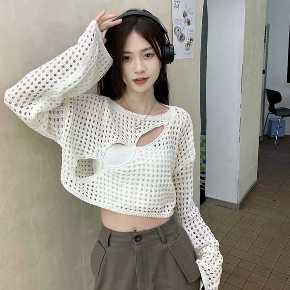 NZN Áo croptop dệt kim tay dài chống nắng thời trang phong cách Hàn Quốc cho nữ