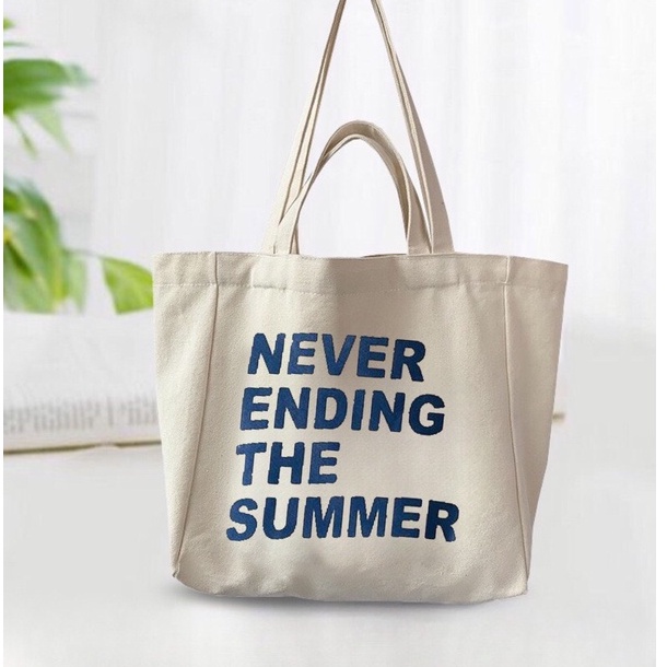 Túi tote HAZIN size lớn vải canvas ulzzang unisex Never Ending  có khoá miệng ngăn phụ đi học đi chơi đựng vừa khổ a4