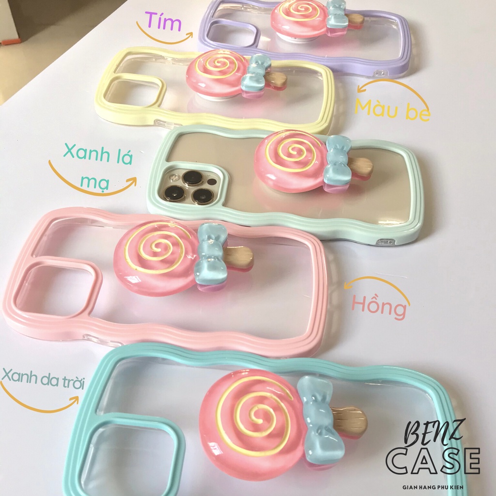 Ốp lưng iPhone 2 mảnh gợn sóng kèm chân đế hình kẹo que siêu cute, chất liệu nhựa dẻo ốp sát viền máy