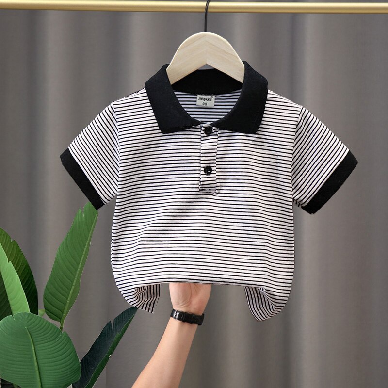 Áo polo Tay Ngắn Kẻ Sọc Trắng Đen Thời Trang Mùa Hè Dành Cho Bé Trai 4-9 Tuổi