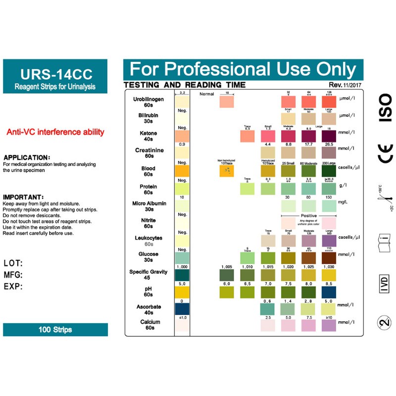 SPMH 100 Strips URS-14 Urine Test Paper Strip 14 Parameters Ketone Calcuim Glucose...