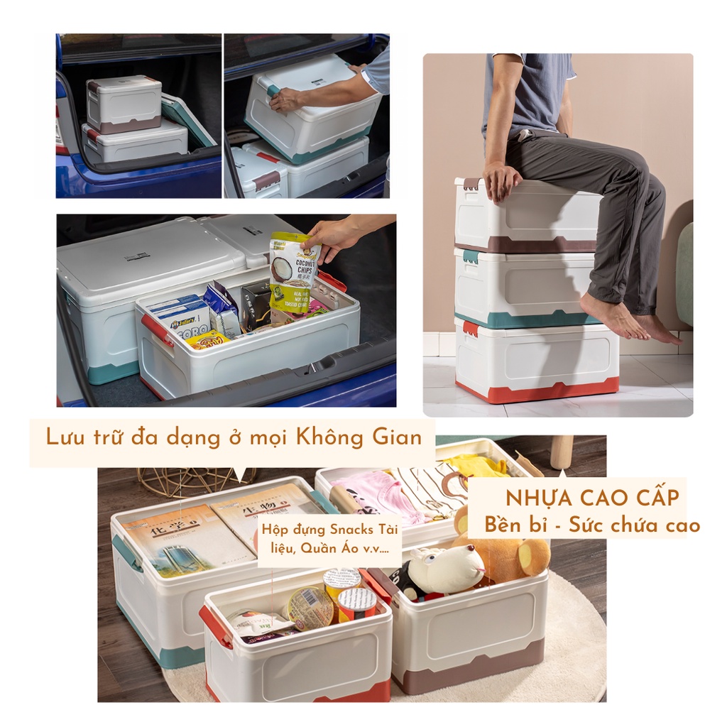 Hộp Nhựa Cứng Xếp Gọn Có Nắp Màu Trắng Viền Be - Thùng đựng quần áo, đồ chơi, dụng cụ đa năng - almondconcept