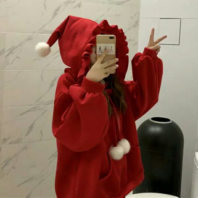 [oder] 😱 áo hoodie ulzzang tay bồng mũ nhọn ông già Noel hot trend kèm ảnh thật