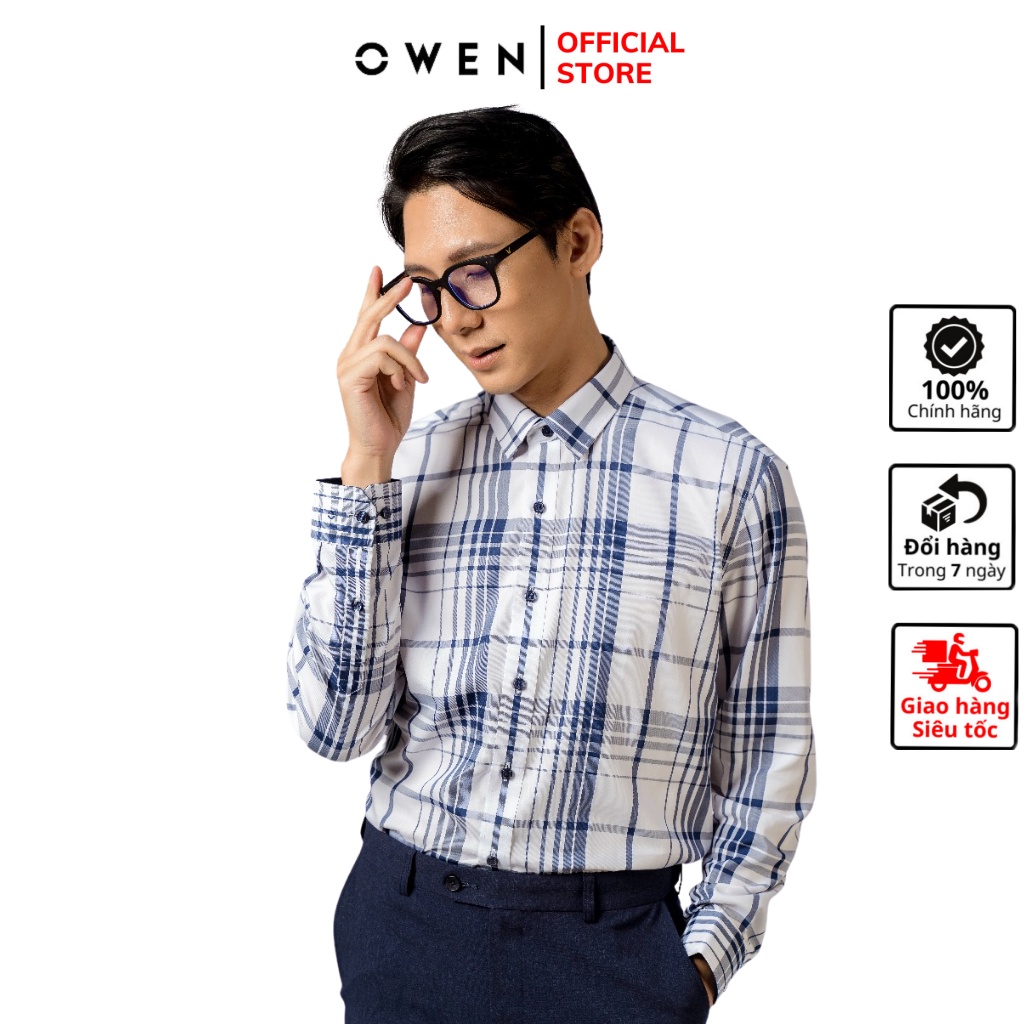 Áo sơ mi nam dài tay OWEN AR23385D somi công sở vải sợi tre cao cấp màu trắng kẻ caro navy dáng suông tà lượn không túi