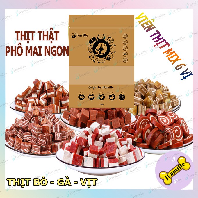 [100% THỊT TƯƠI]Viên Bò - Gà - Vịt Mix Phô Mai 6 Vị, Snack Dinh Dưỡng Cho Chó, Bánh Thưởng Huấn Luyện. 100gr -JF89