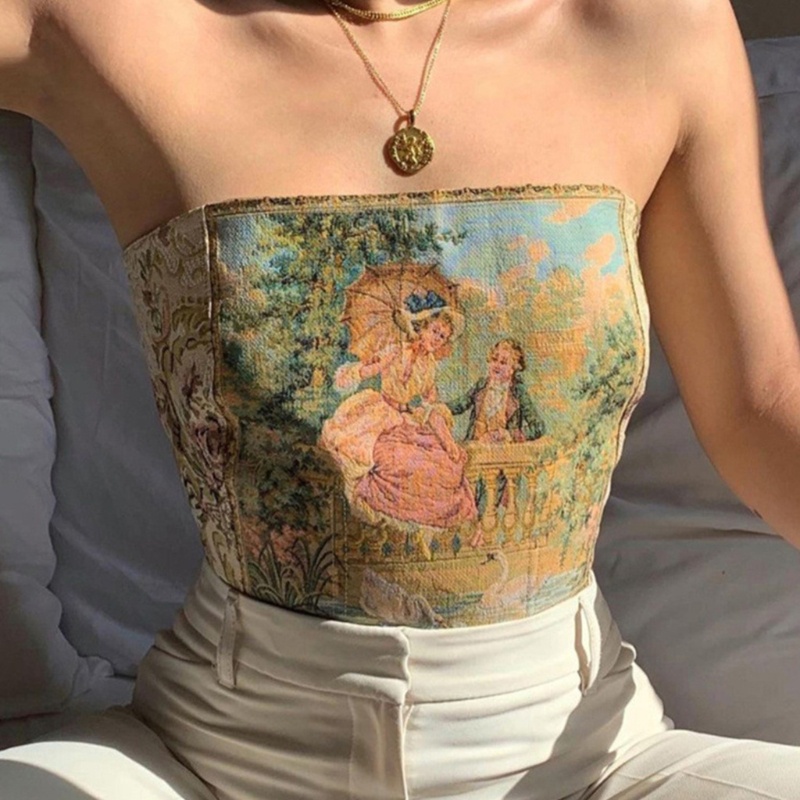 Áo croptop không dây có dây cột phong cách retro gợi cảm dành cho nữ