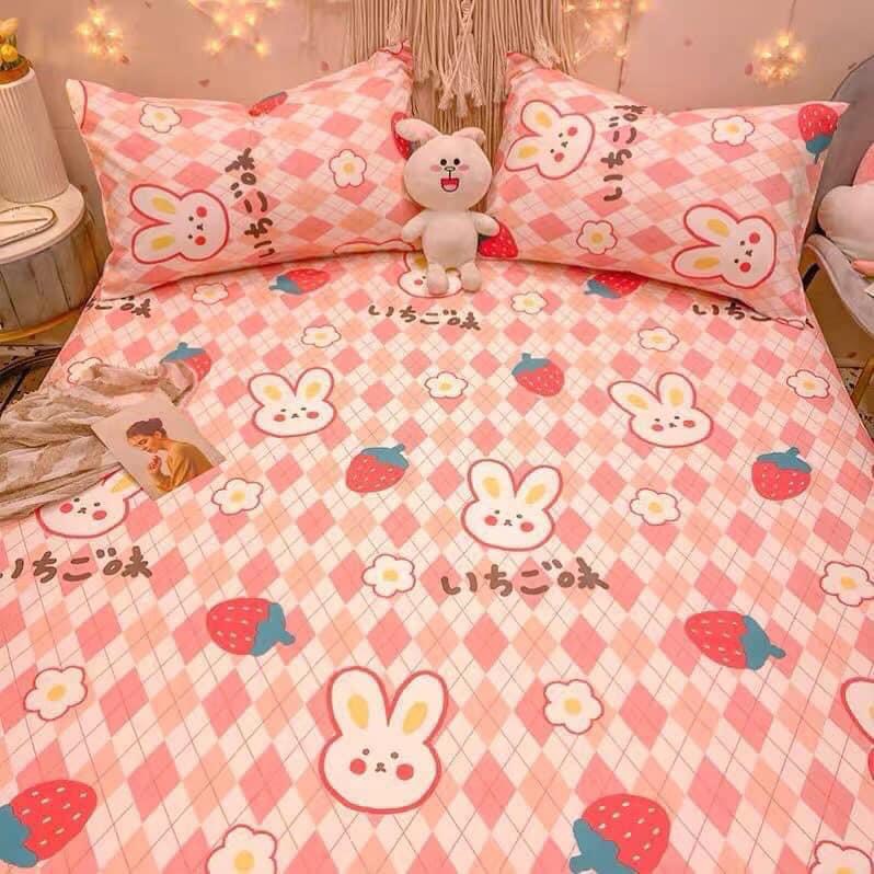 Bộ ga giường và vỏ gối Cotton 100% họa tiết 3D bé gái thỏ hồng Bedding ga gối Cotton Hàn Quốc đủ size drap nệm