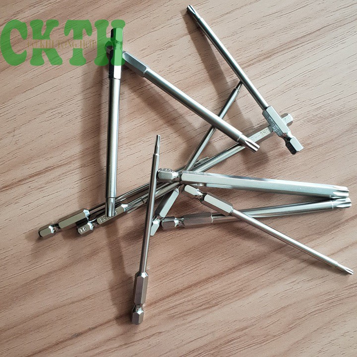 Bộ 11 mũi lục giác hoa thị dài 100mm hãng Broppe.  Mũi lục giác bông hoa thị có lỗ chuôi lục giác cho khoan Pin, điện