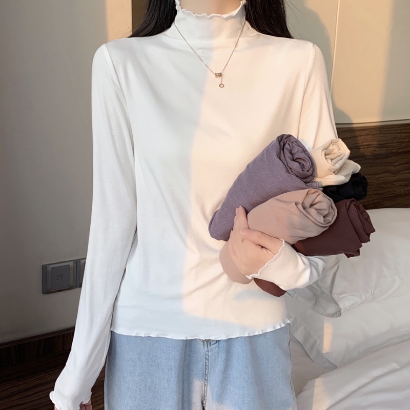 Áo thun tay dài cổ cao màu sắc đơn giản