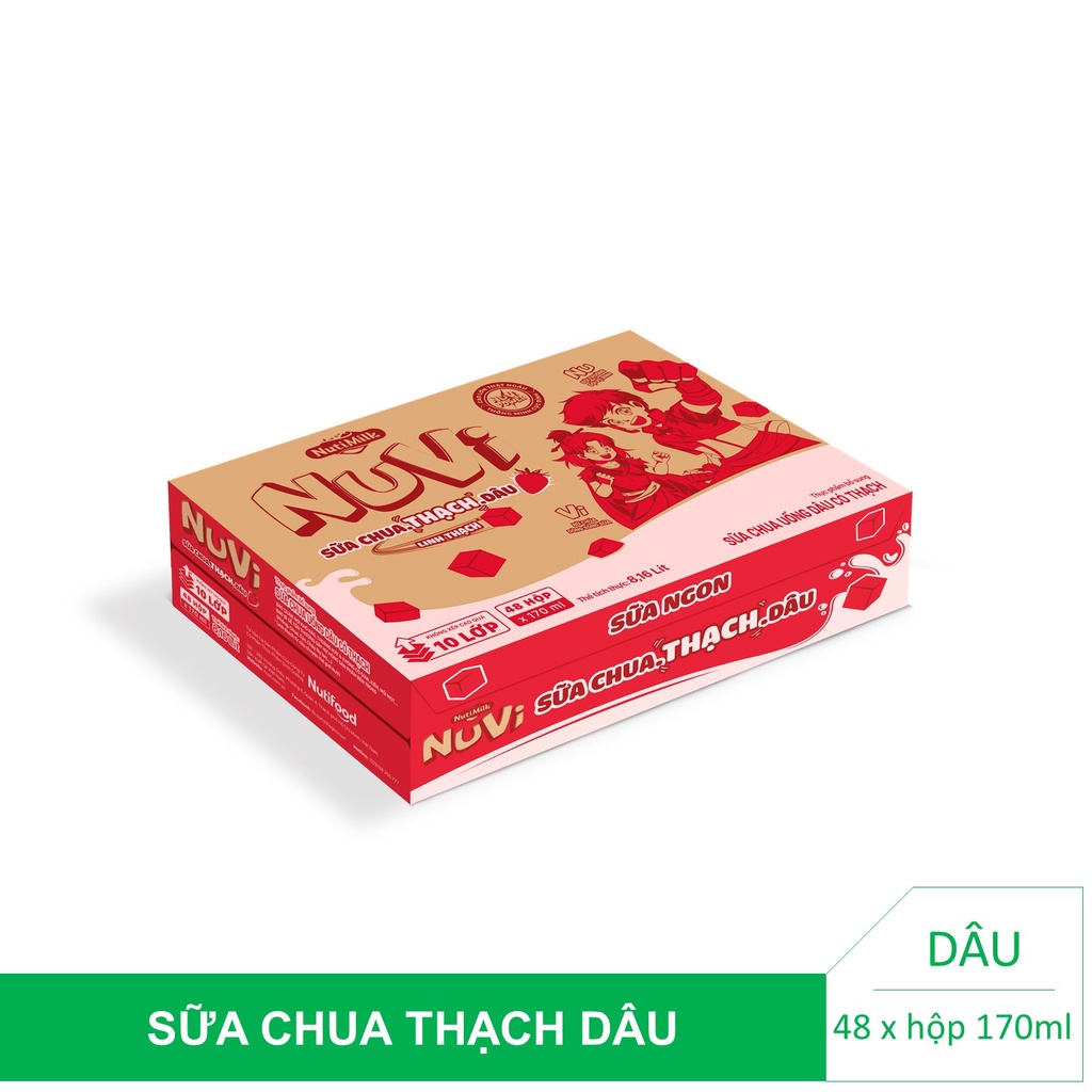 Thùng 48 hộp Nutifood NuVi Sữa chua uống Dâu có thạch hộp 170ml