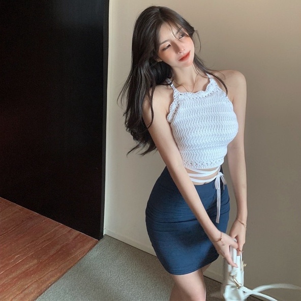 【ZHELIHANGFEI】 / Áo Dệt Kim Hai Dây Thắt Dây Gợi Cảm