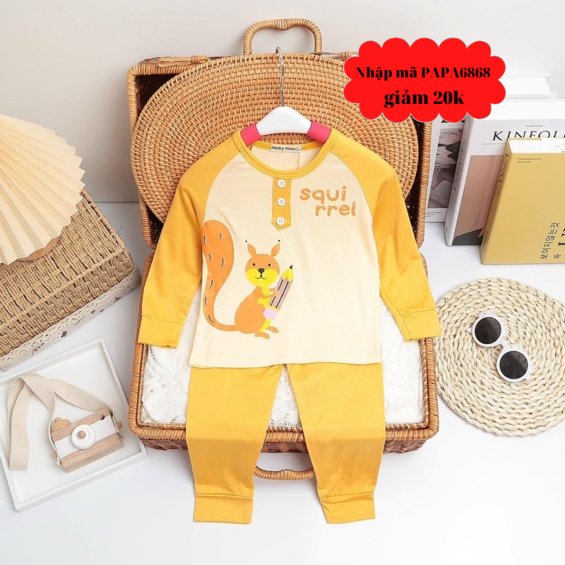 Bộ Dài Tay THUN LẠNH MINKY MOM Họa Tiết IN GẤU Cổ trụ Cho Bé, Bộ quần áo dài tay cho bé trai bé gái từ 5-18kg
