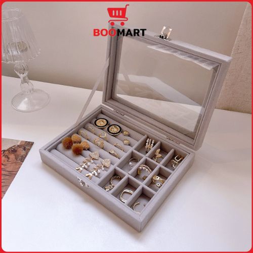 Hộp Đựng Trang Sức Loại Xịn Bọc Nhung Có Kính Nhựa Mika Trong Suốt Tiện Lợi - Boomart