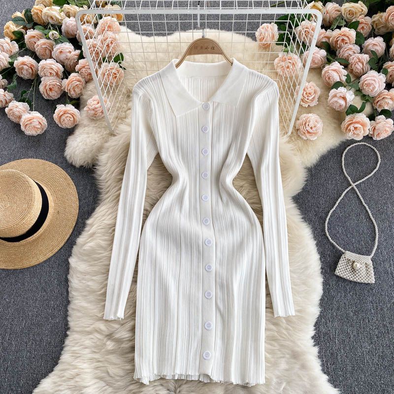 Đầm len cổ polo, váy len dệt kim