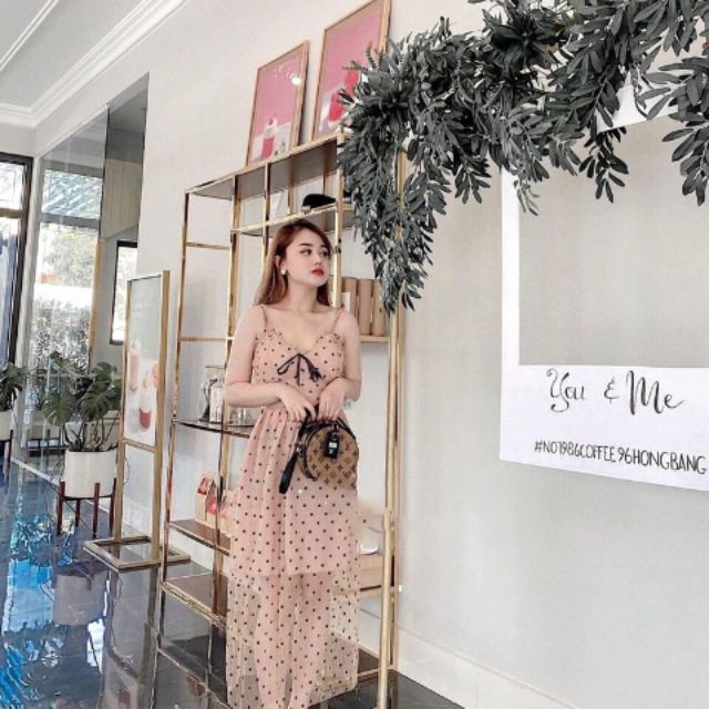 Đầm lưới nhung chấm bi 2 dây cúp ngực