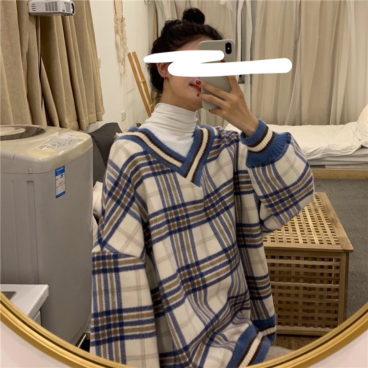 Áo sweater nữ len áo nỉ sweater nữ form rộng unisex cổ v kẻ caro thời trang ulzzang hàn quốc | BigBuy360 - bigbuy360.vn