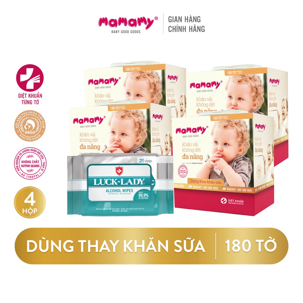 Hộp khăn khô dùng thay khăn sữa Mamamy 180 tờ/hộp Combo 4 hộp và 1 gói Khăn ướt cồn Luck Lady 25 tờ