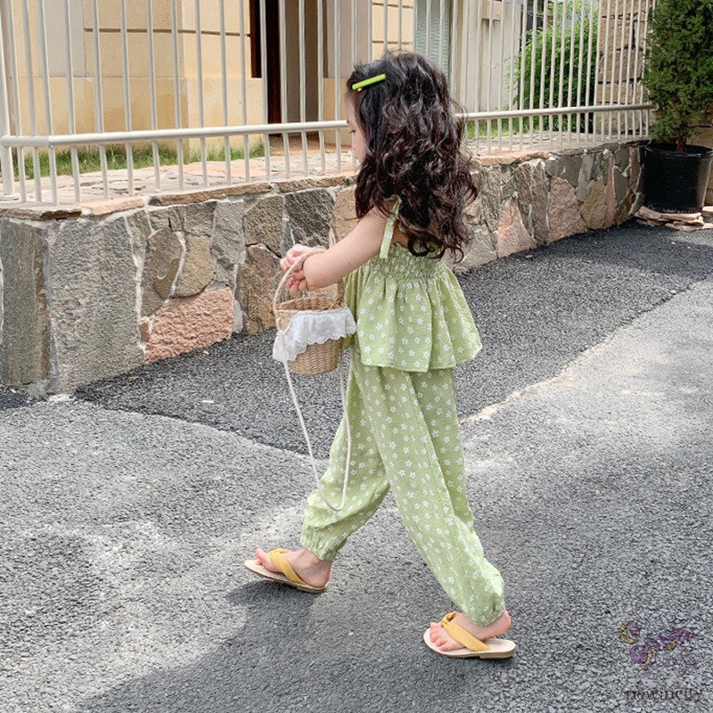 Bộ Áo Sát Nách In Hoa + Quần Dài Chống Muỗi Kiểu Hàn Quốc Dễ Thương Cho Bé Gái