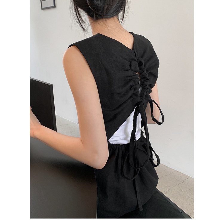 Đầm hai dây ZHELIHANGFEI dáng dài lưng cao màu trơn kiểu retro Pháp thời trang mùa hè