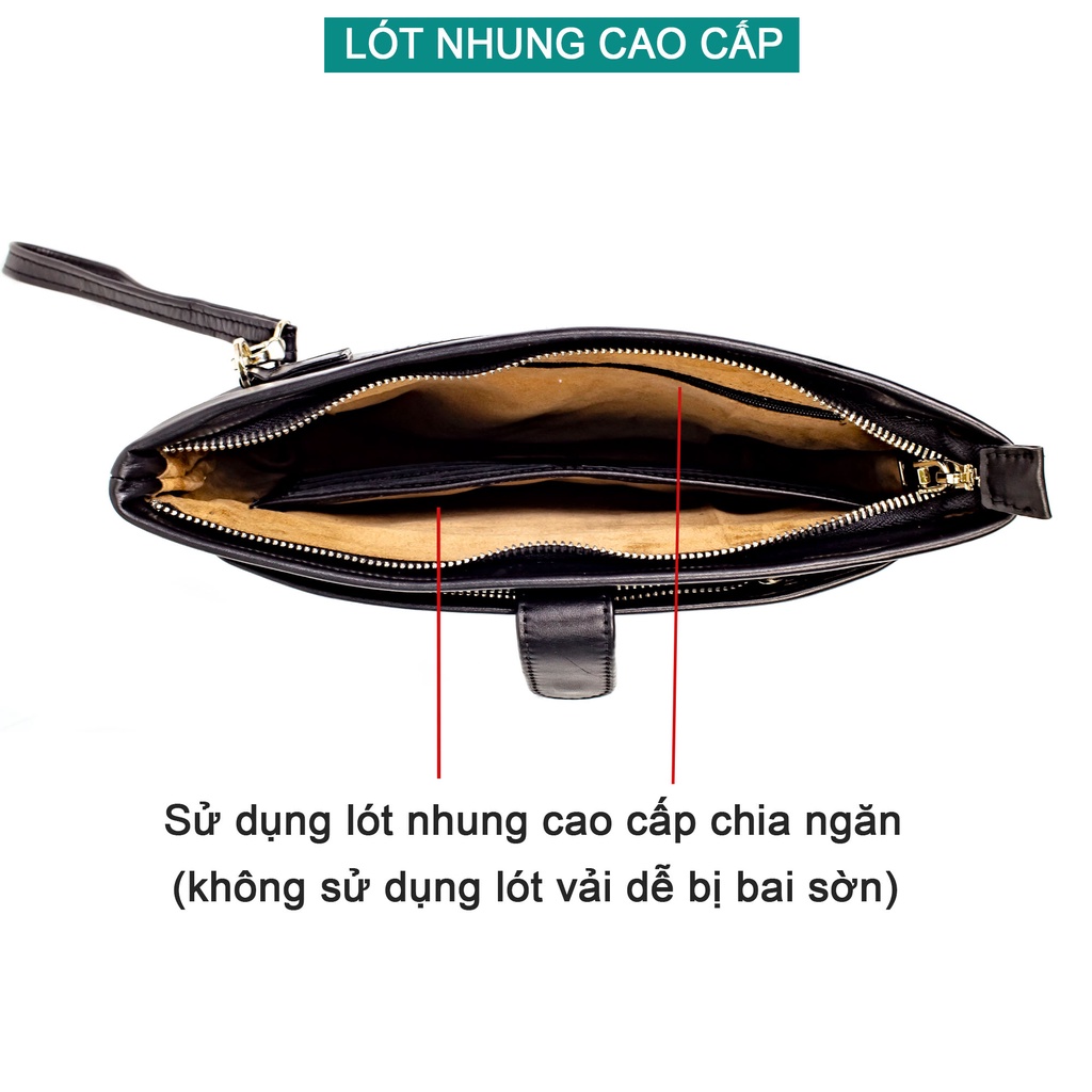 Ví cầm tay nam da bò Bụi Leather M101- Da thật, màu đen, bảo hành 24 tháng