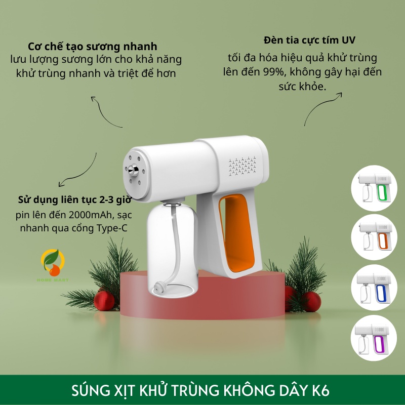Máy khử khuẩn nano súng phun sương khử khuẩn cầm tay diệt vi khuẩn sát trùng K6 Laser 8 Mắt UV cổng USB không dây
