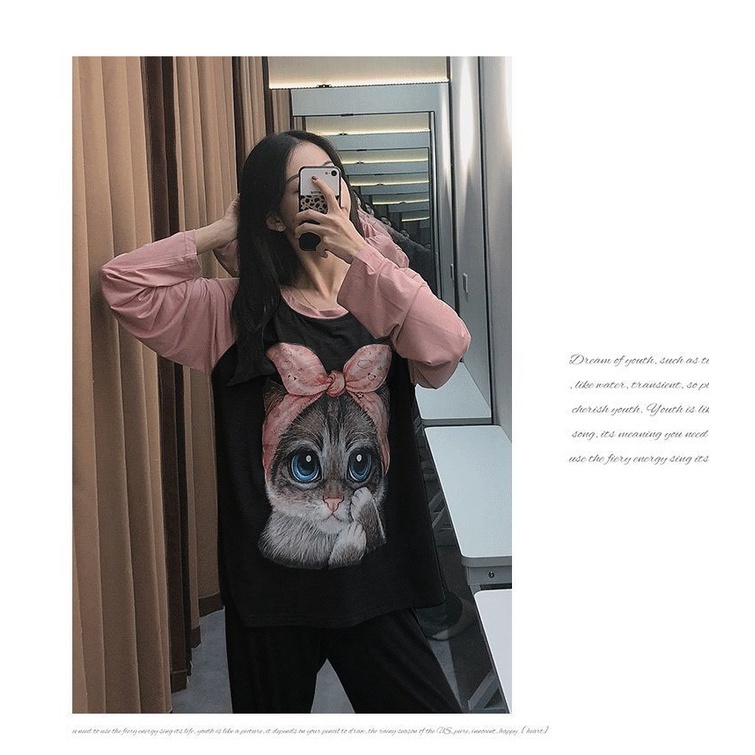 Bộ Đồ Ngủ Tay Ngắn + Quần Dài Màu Trơn In Hình Mèo Nhỏ Dễ Thương Cho Nữ