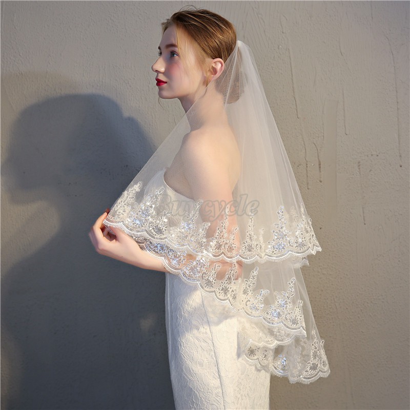 Mạng che mặt hai lớp màu trắng/ màu ngà vải lưới viền ren dành cho cô dâu