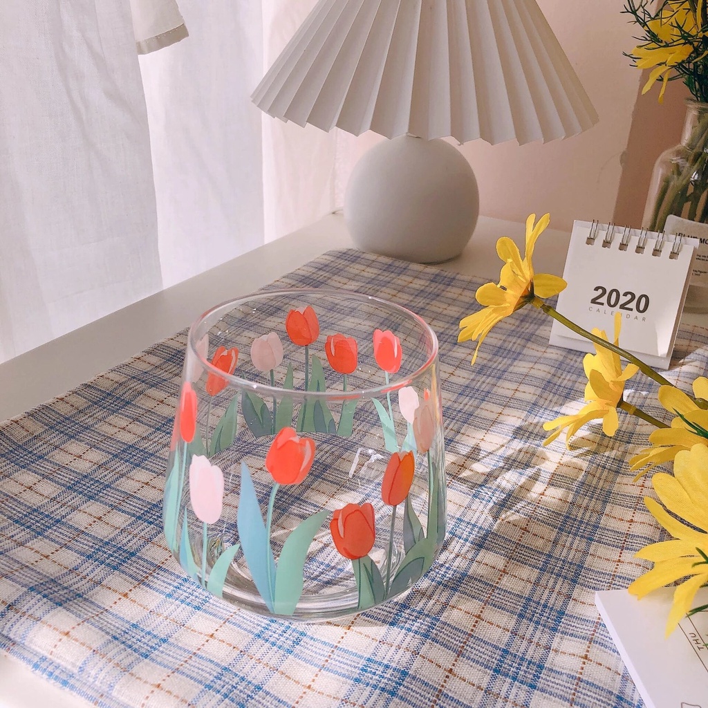 Ly Thủy Tinh 390Ml Họa Tiết Hoa Tulip Xinh Xắn Đơn Giản