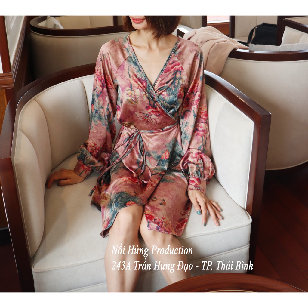 Váy đầm lụa pháp kimono cột dây dáng suông xòe chéo vạt hotgirl sexy đi biển ngủ mặc nhà họa tiết hoa bigsize sang chảnh