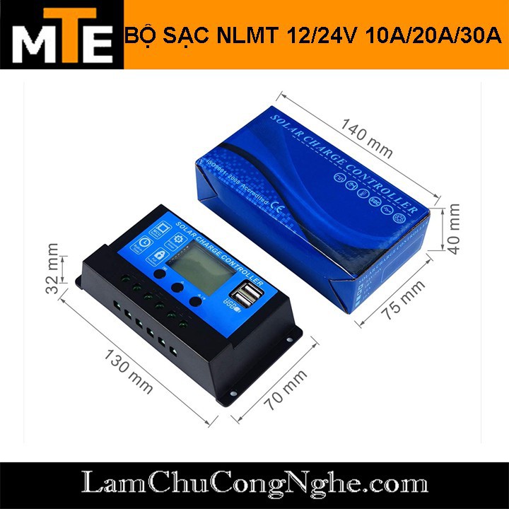 Mới! Bộ điều khiển sạc acquy từ năng lượng mặt trời NLMT tự động 12V 24V 10-40A có hiển thị LCD + sạc điện thoại từ USB