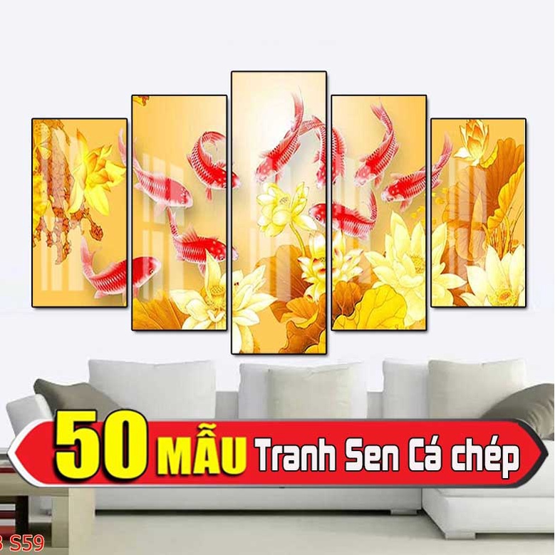 Tranh Tráng Gương Laminate , Tranh Treo Tường Cao Cấp Cá Chép - Hoa Sen