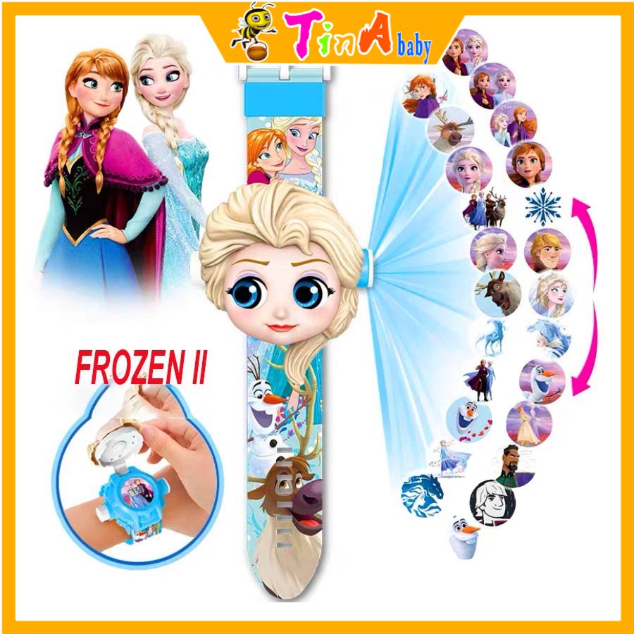 Đồng hồ cho bé có thể chiếu hình ảnh lên tường các nhận vật Elsa, người nhện, iron man, đội chó cứu hộ E128