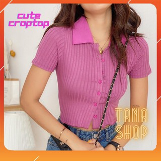 Áo thun croptop nữ tay ngắn có cổ màu hồng phong cách Hàn Quốc