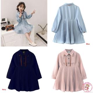 KIDS Đầm cotton màu trơn dáng xòe tay dài xinh xắn cho bé gái