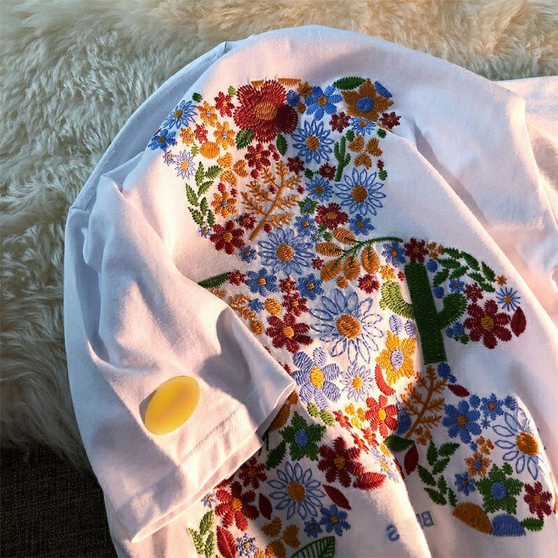 🍓 Piidress 🍓 Áo phông unisex thêu hoạ tiết hoa lá độc đáo