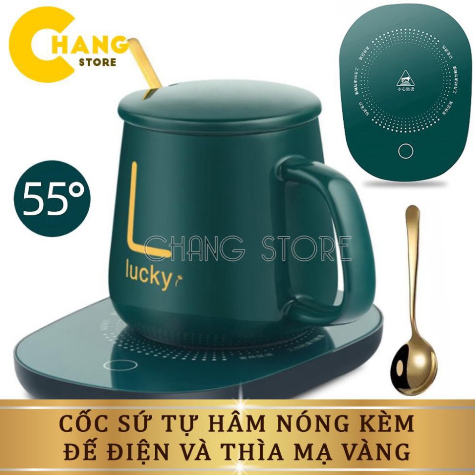 Cốc hâm nóng cao cấp bằng sứ kèm đế điện, Ly sứ kèm đế điện hâm nóng cafe, sữa, trà Tặng kèm thìa mạ vàng tiện lợi