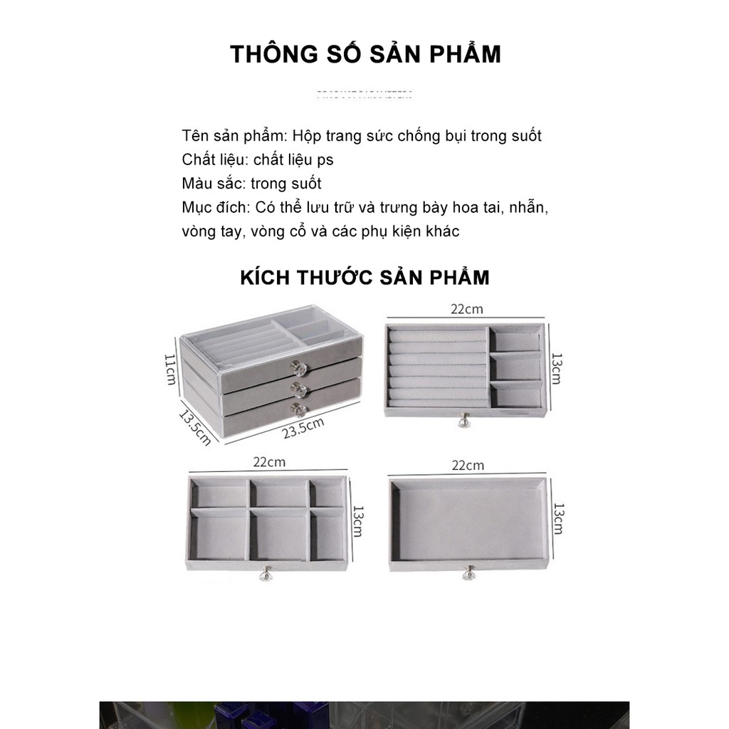 Khay nhung 3 tầng đựng trang sức đồng hồ khung-Hộp đựng trang sức chống bụi ba lớp trong suốt-URBSS3C-YK