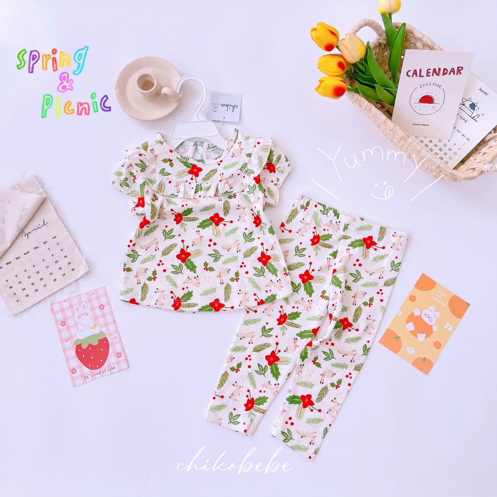 Set bộ thun dài tay ngắn Chikobebe phối cổ bèo họa tiết đáng yêu cho bé gái bảng 1